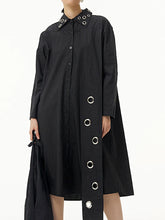 Black Eyelet Blouse Shirt Midi Dress, Long Sleeve, Edgy Street Style, Cotton